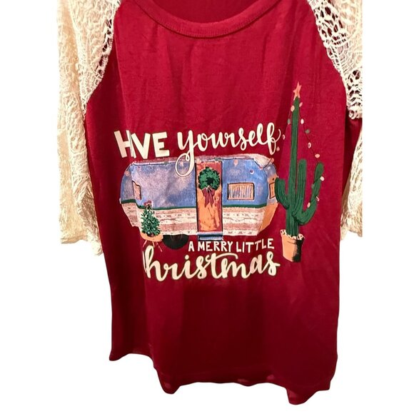 Womens Christmas Graphic Top W/Lace Sleeves  Camper Design Merry Little Christma - Picture 2 of 5